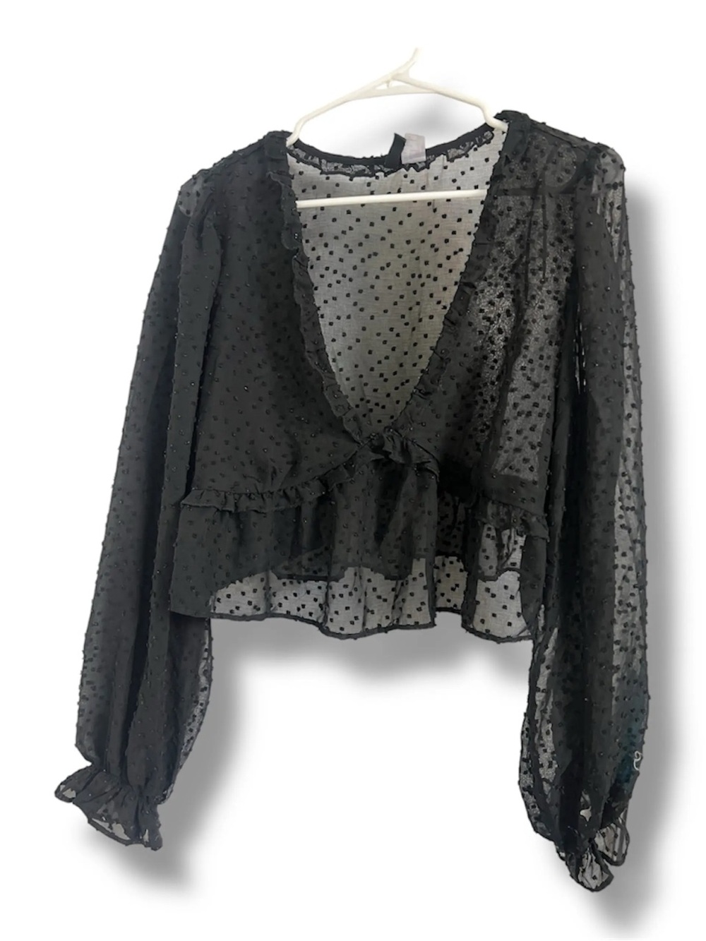 H&M Divided - Black Polka Dot Sheer Blouse with Ruffle Trim